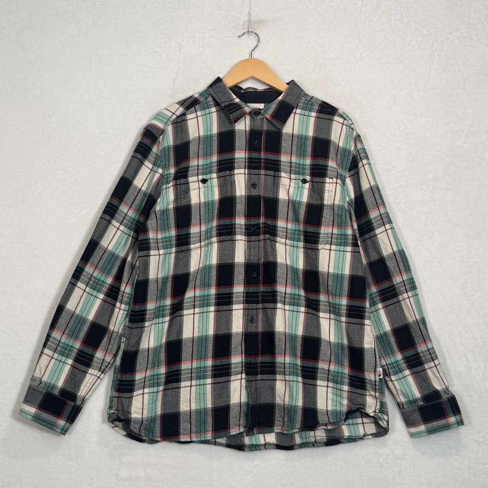 The North Face Black White Teal Plaid Flannel Button Down Shirt XL